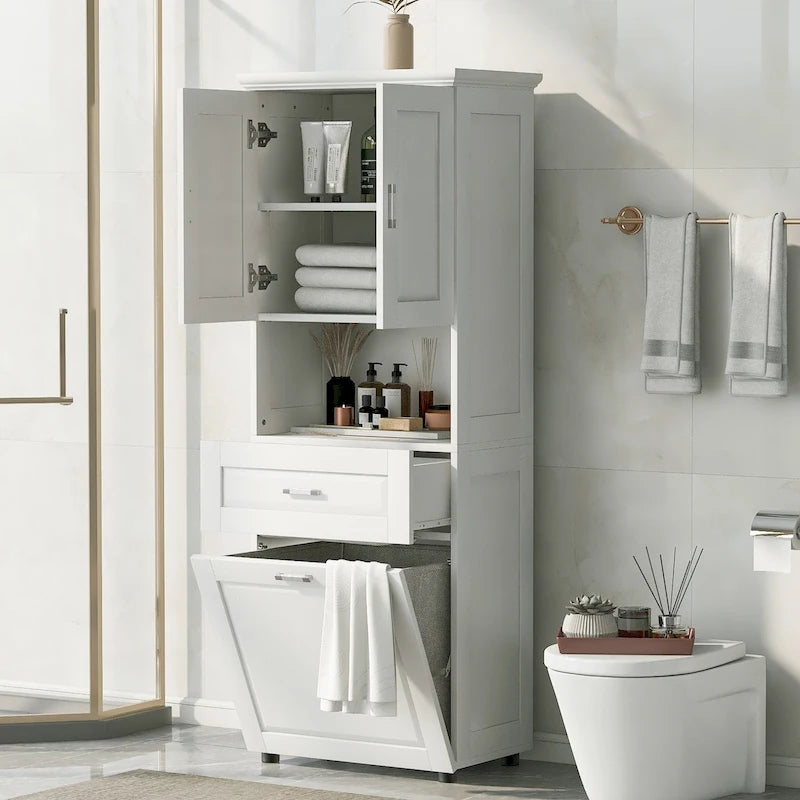 Tall Bathroom Cabinet Tilt-Out Laundry Hamper Open Shelf Drawer Double Door MDF Anti-Tip