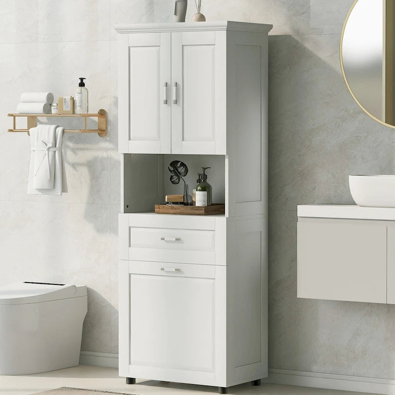 Tall Bathroom Cabinet Tilt-Out Laundry Hamper Open Shelf Drawer Double Door MDF Anti-Tip