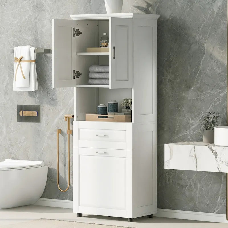Tall Bathroom Cabinet Tilt-Out Laundry Hamper Open Shelf Drawer Double Door MDF Anti-Tip