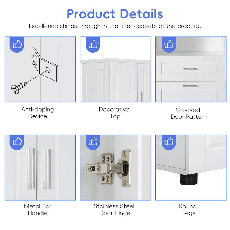 Tall Bathroom Cabinet Tilt-Out Laundry Hamper Open Shelf Drawer Double Door MDF Anti-Tip
