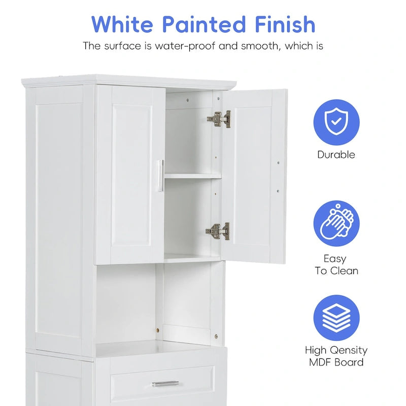 Tall Bathroom Cabinet Tilt-Out Laundry Hamper Open Shelf Drawer Double Door MDF Anti-Tip