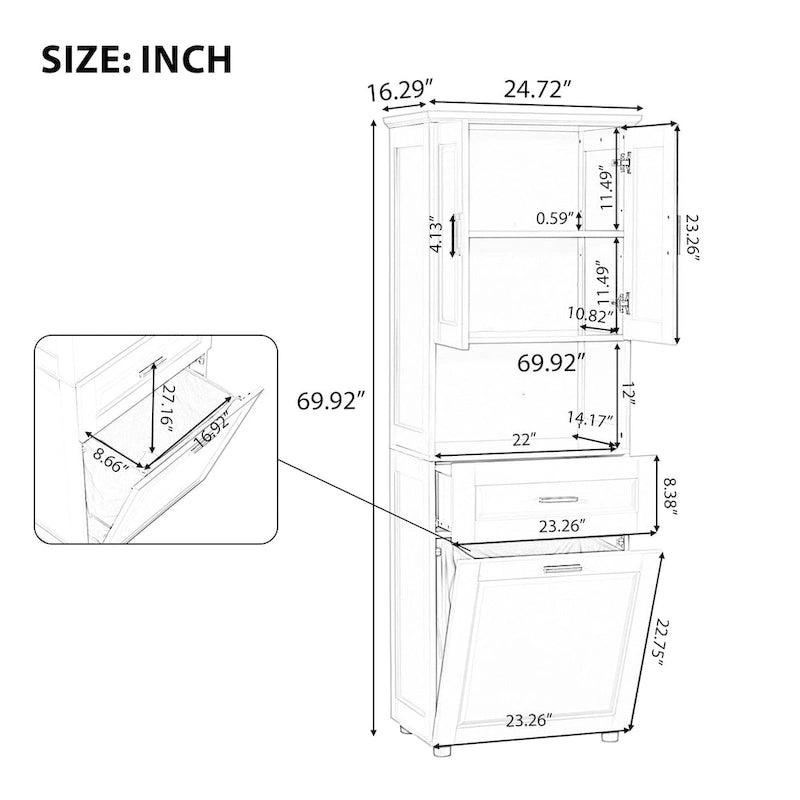 Tall Bathroom Cabinet Tilt-Out Laundry Hamper Open Shelf Drawer Double Door MDF Anti-Tip