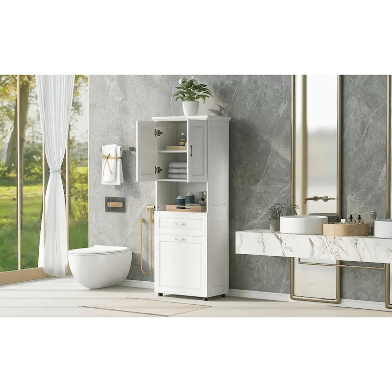 Tall Bathroom Cabinet Tilt-Out Laundry Hamper Open Shelf Drawer Double Door MDF Anti-Tip