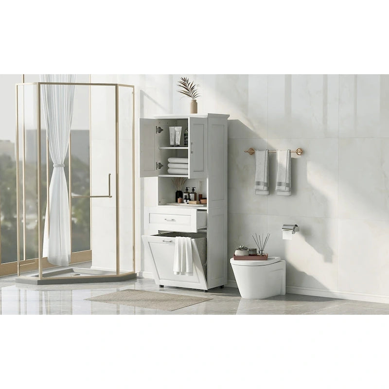 Tall Bathroom Cabinet Tilt-Out Laundry Hamper Open Shelf Drawer Double Door MDF Anti-Tip