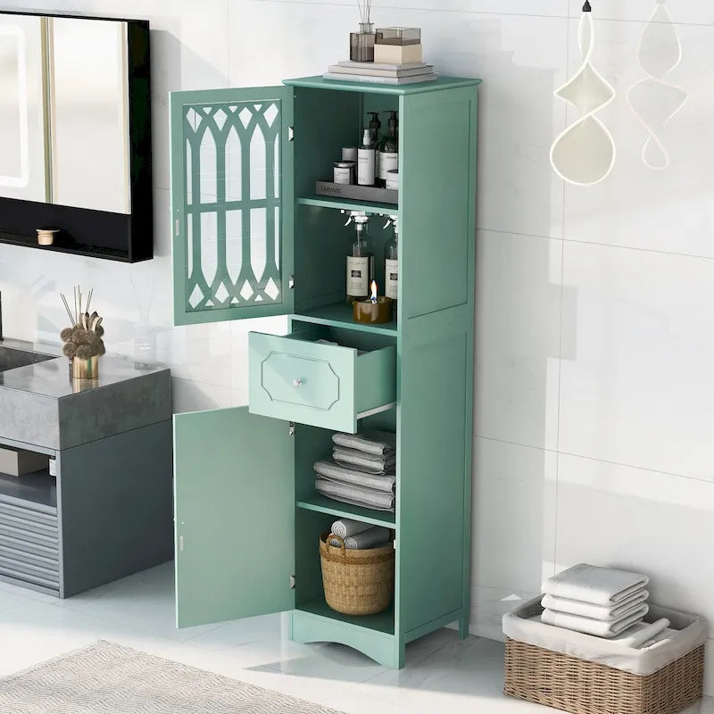Tall Freestanding Bathroom Cabinet Decorative Door Open Shelves Drawer Lower Storage