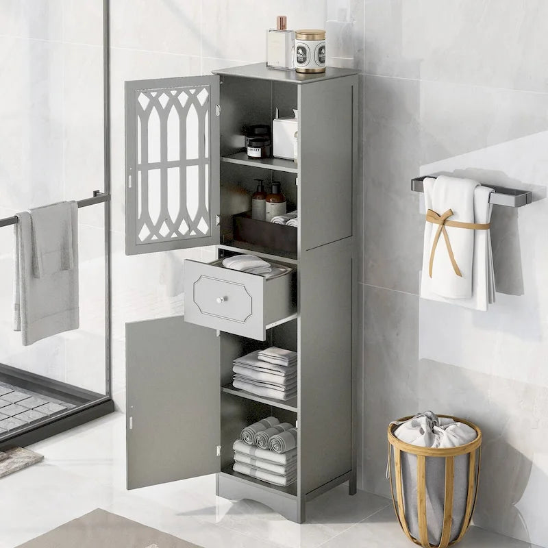 Tall Freestanding Bathroom Cabinet Decorative Door Open Shelves Drawer Lower Storage