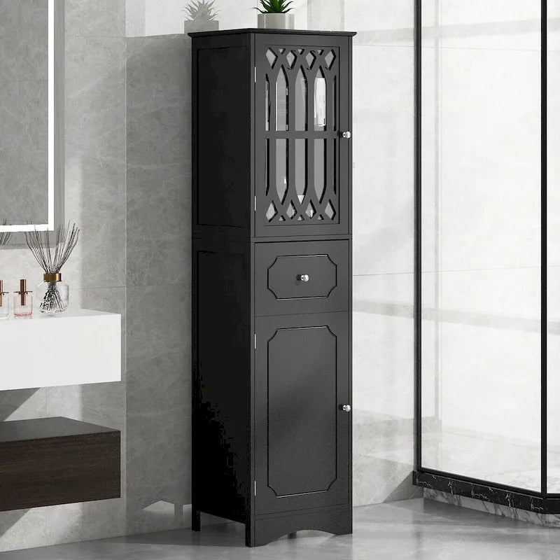 Tall Freestanding Bathroom Cabinet Decorative Door Open Shelves Drawer Lower Storage