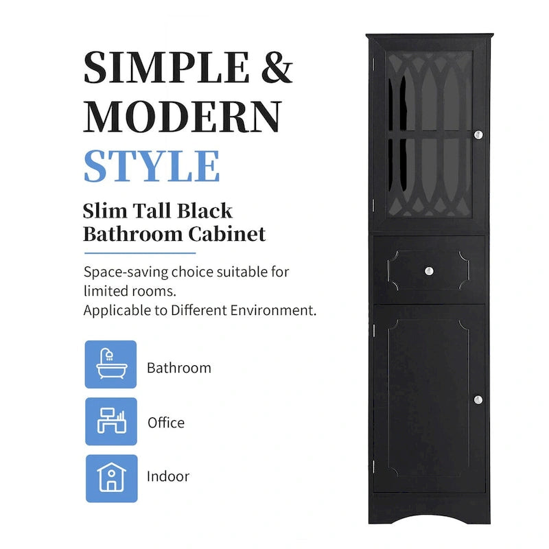 Tall Freestanding Bathroom Cabinet Decorative Door Open Shelves Drawer Lower Storage