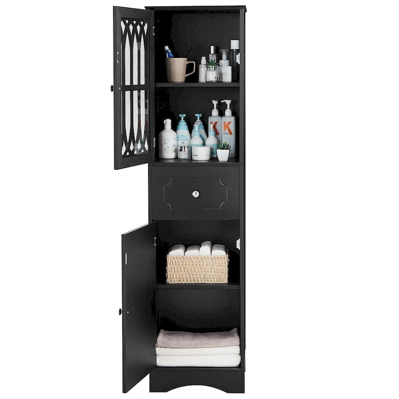 Tall Freestanding Bathroom Cabinet Decorative Door Open Shelves Drawer Lower Storage