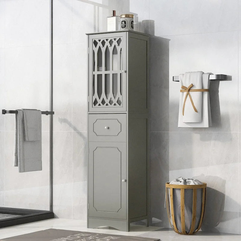Tall Freestanding Bathroom Cabinet Decorative Door Open Shelves Drawer Lower Storage