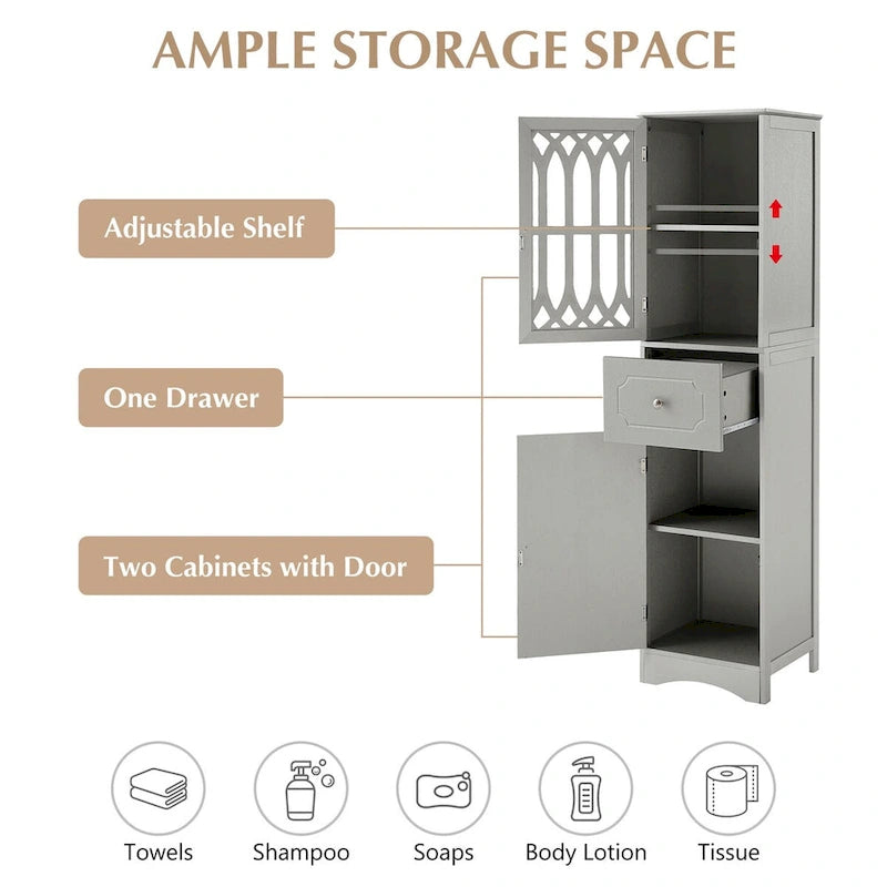 Tall Freestanding Bathroom Cabinet Decorative Door Open Shelves Drawer Lower Storage