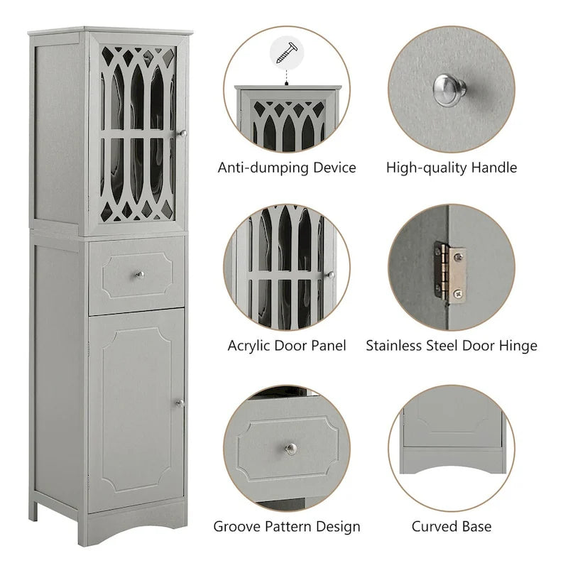 Tall Freestanding Bathroom Cabinet Decorative Door Open Shelves Drawer Lower Storage