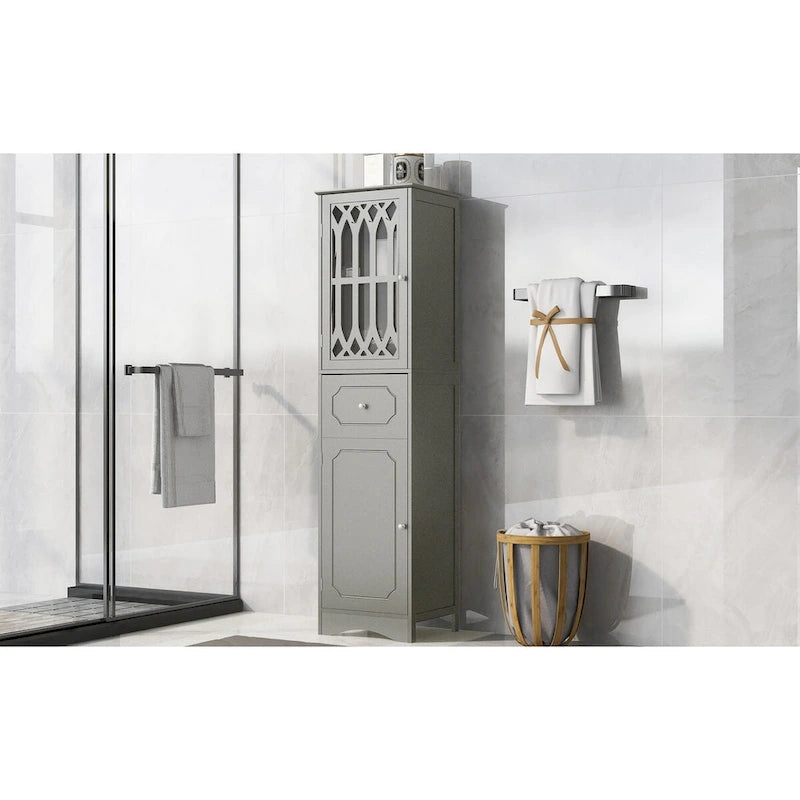 Tall Freestanding Bathroom Cabinet Decorative Door Open Shelves Drawer Lower Storage