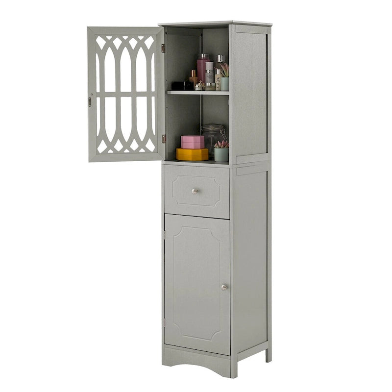 Tall Freestanding Bathroom Cabinet Decorative Door Open Shelves Drawer Lower Storage