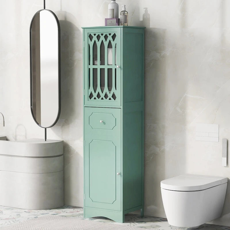 Tall Freestanding Bathroom Cabinet Decorative Door Open Shelves Drawer Lower Storage