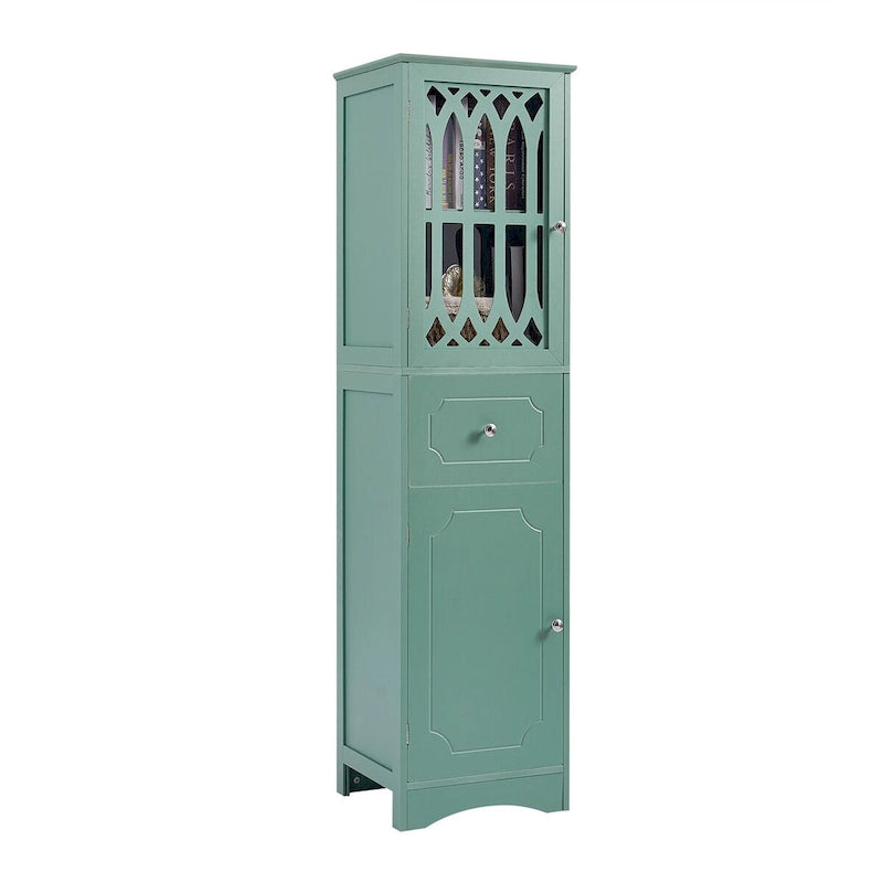 Tall Freestanding Bathroom Cabinet Decorative Door Open Shelves Drawer Lower Storage