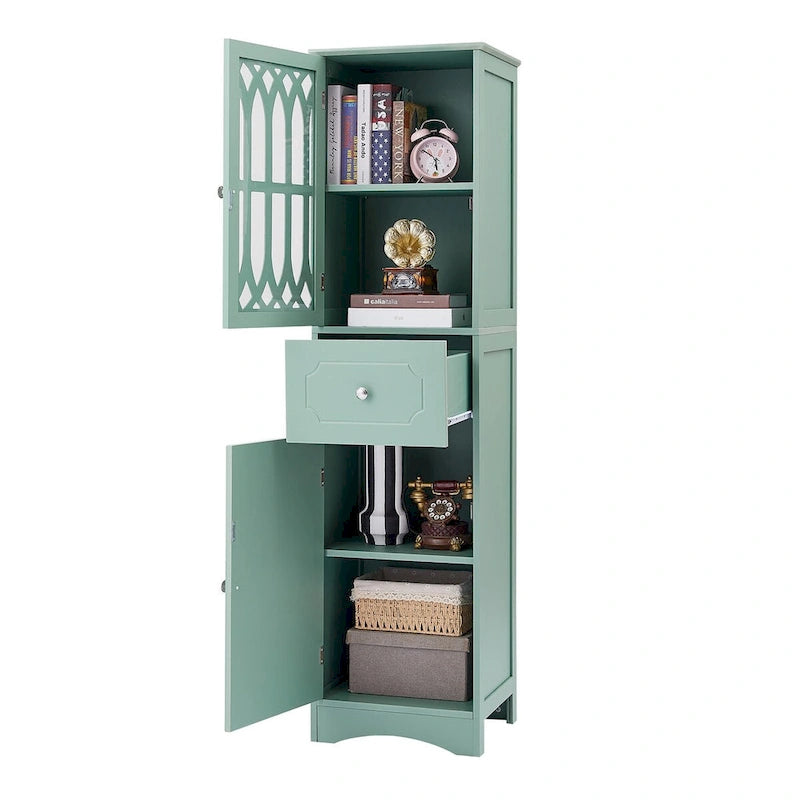 Tall Freestanding Bathroom Cabinet Decorative Door Open Shelves Drawer Lower Storage