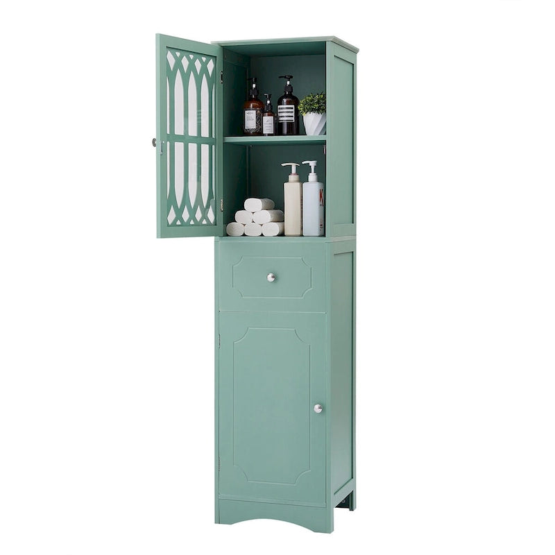 Tall Freestanding Bathroom Cabinet Decorative Door Open Shelves Drawer Lower Storage