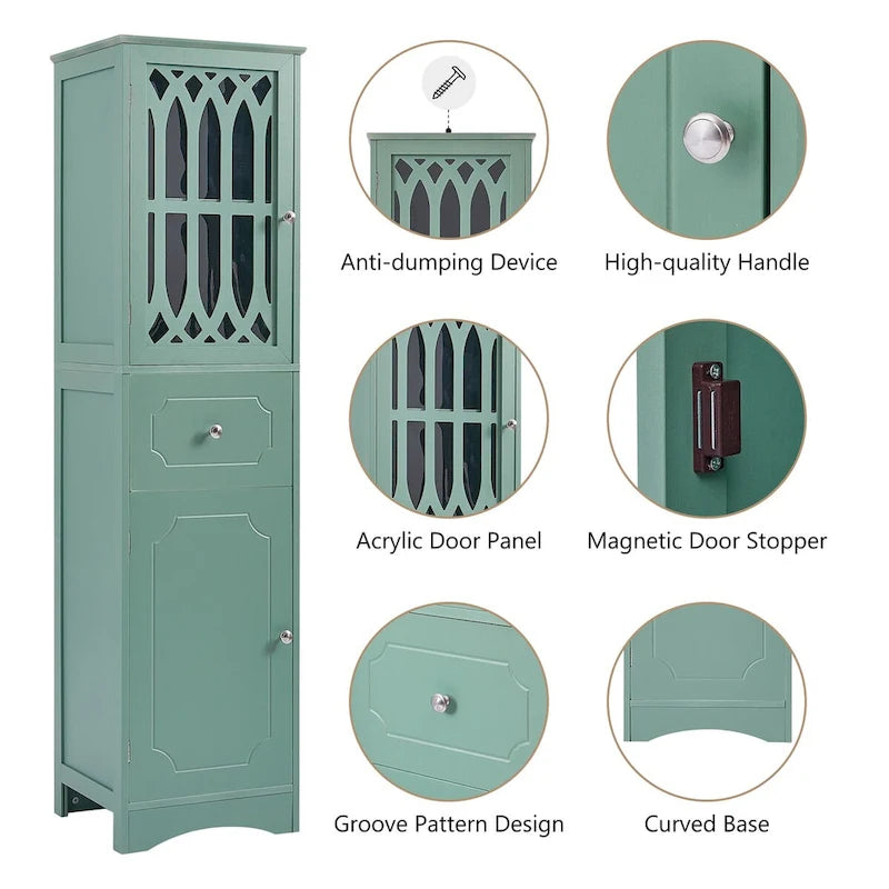 Tall Freestanding Bathroom Cabinet Decorative Door Open Shelves Drawer Lower Storage