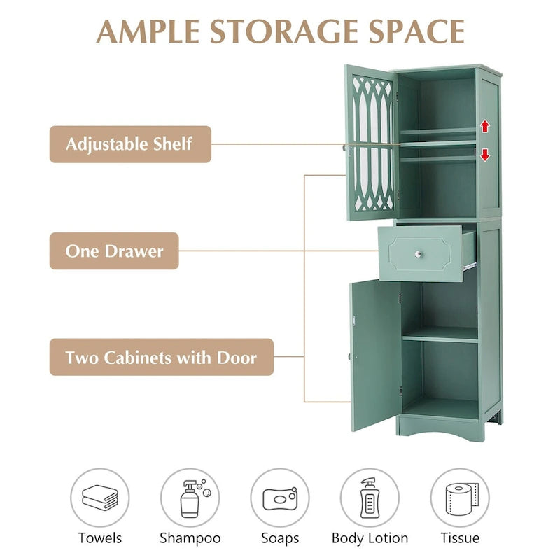 Tall Freestanding Bathroom Cabinet Decorative Door Open Shelves Drawer Lower Storage