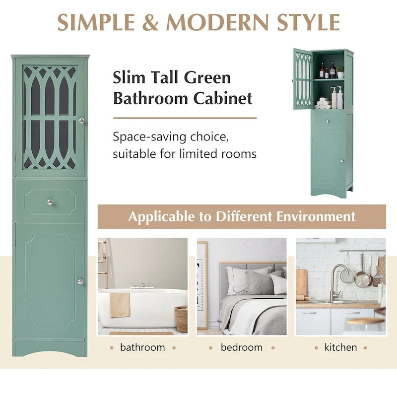 Tall Freestanding Bathroom Cabinet Decorative Door Open Shelves Drawer Lower Storage