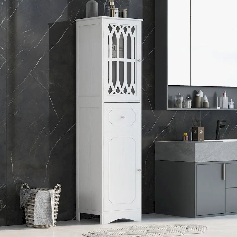 Tall Freestanding Bathroom Cabinet Decorative Door Open Shelves Drawer Lower Storage