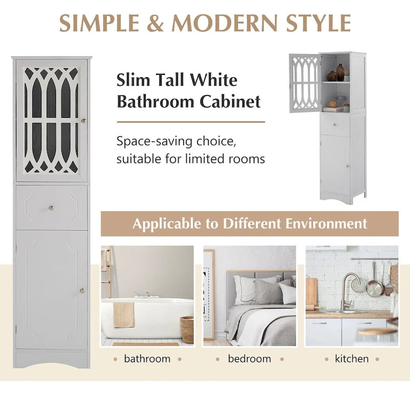 Tall Freestanding Bathroom Cabinet Decorative Door Open Shelves Drawer Lower Storage