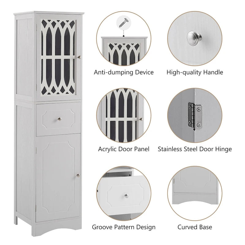 Tall Freestanding Bathroom Cabinet Decorative Door Open Shelves Drawer Lower Storage