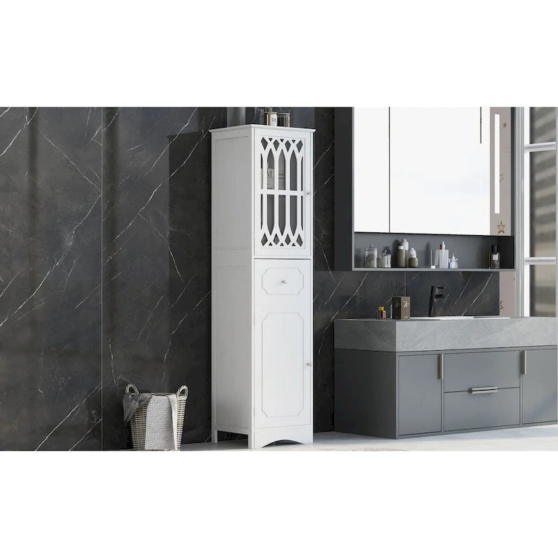 Tall Freestanding Bathroom Cabinet Decorative Door Open Shelves Drawer Lower Storage