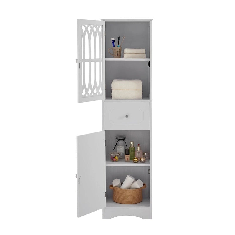 Tall Freestanding Bathroom Cabinet Decorative Door Open Shelves Drawer Lower Storage