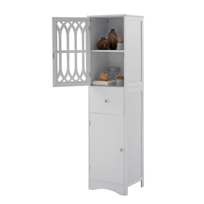 Tall Freestanding Bathroom Cabinet Decorative Door Open Shelves Drawer Lower Storage