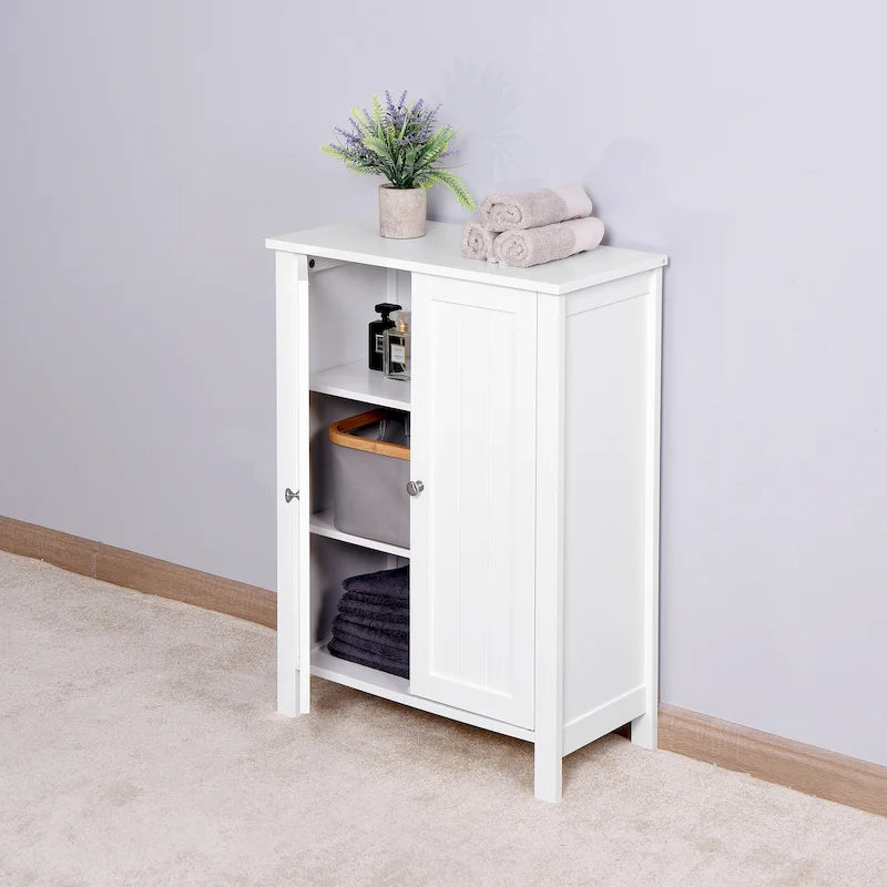 White Bathroom Floor Cabinet Double Door 3 Shelf Adjustable Waterproof MDF Freestanding