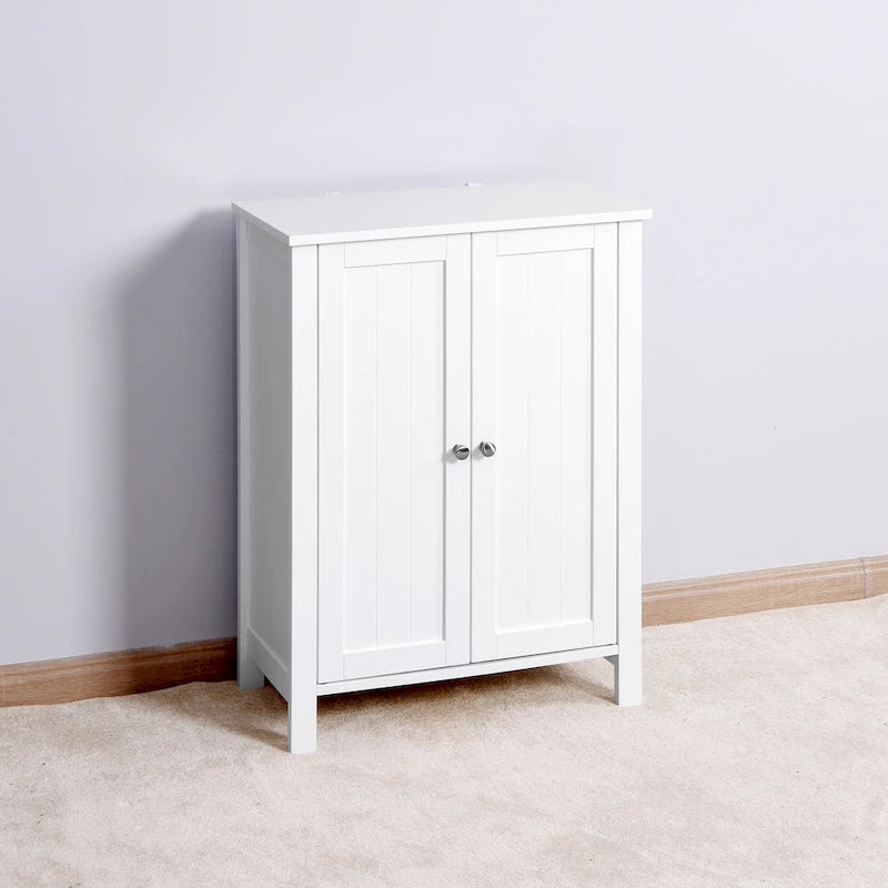 White Bathroom Floor Cabinet Double Door 3 Shelf Adjustable Waterproof MDF Freestanding