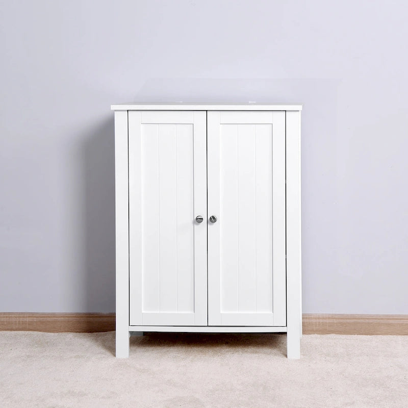 White Bathroom Floor Cabinet Double Door 3 Shelf Adjustable Waterproof MDF Freestanding