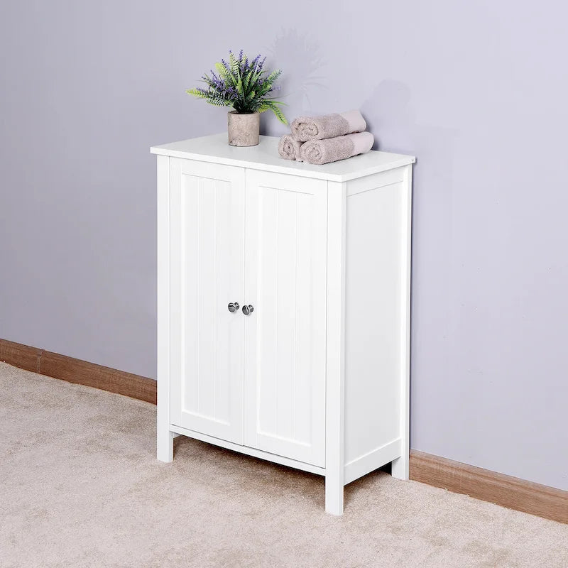 White Bathroom Floor Cabinet Double Door 3 Shelf Adjustable Waterproof MDF Freestanding