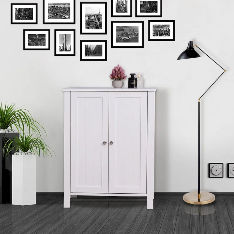 White Bathroom Floor Cabinet Double Door 3 Shelf Adjustable Waterproof MDF Freestanding