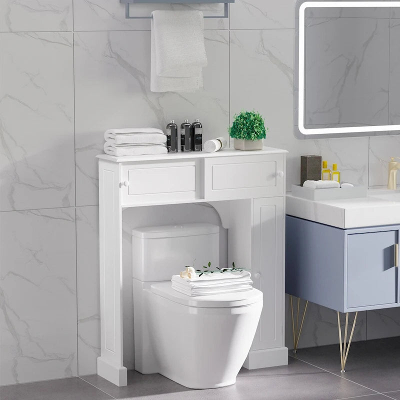 Over Toilet Storage Cabinet 2 Sliding Doors 2 Compartments Wide Flat Top MDF Anti-Tip White