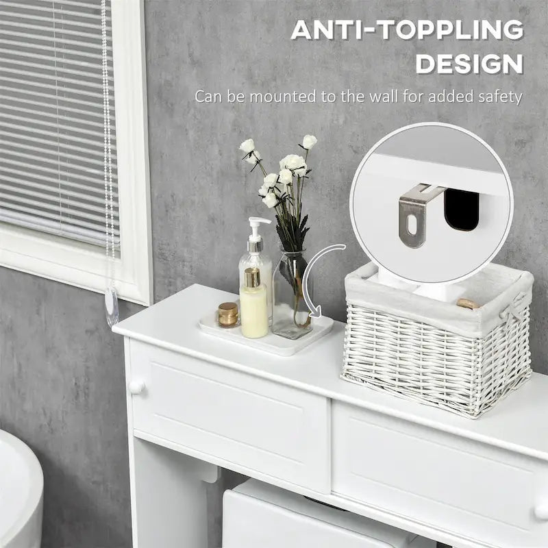 Over Toilet Storage Cabinet 2 Sliding Doors 2 Compartments Wide Flat Top MDF Anti-Tip White