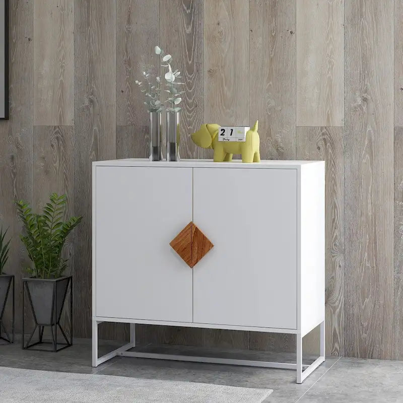 White MDF Sideboard Cabinet 2 Doors Wood Diamond Handle Iron Frame Stand Storage