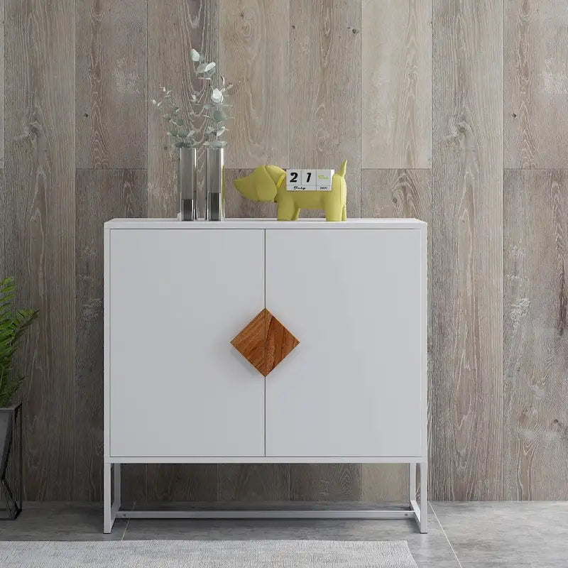 White MDF Sideboard Cabinet 2 Doors Wood Diamond Handle Iron Frame Stand Storage