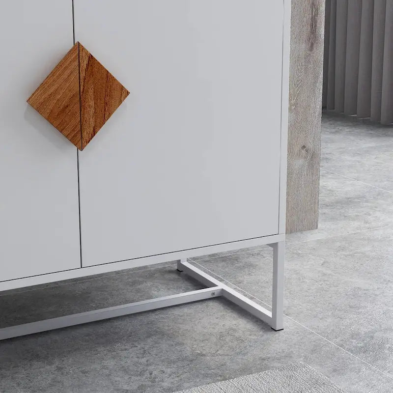 White MDF Sideboard Cabinet 2 Doors Wood Diamond Handle Iron Frame Stand Storage