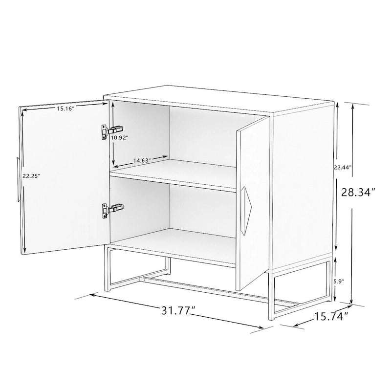 White MDF Sideboard Cabinet 2 Doors Wood Diamond Handle Iron Frame Stand Storage