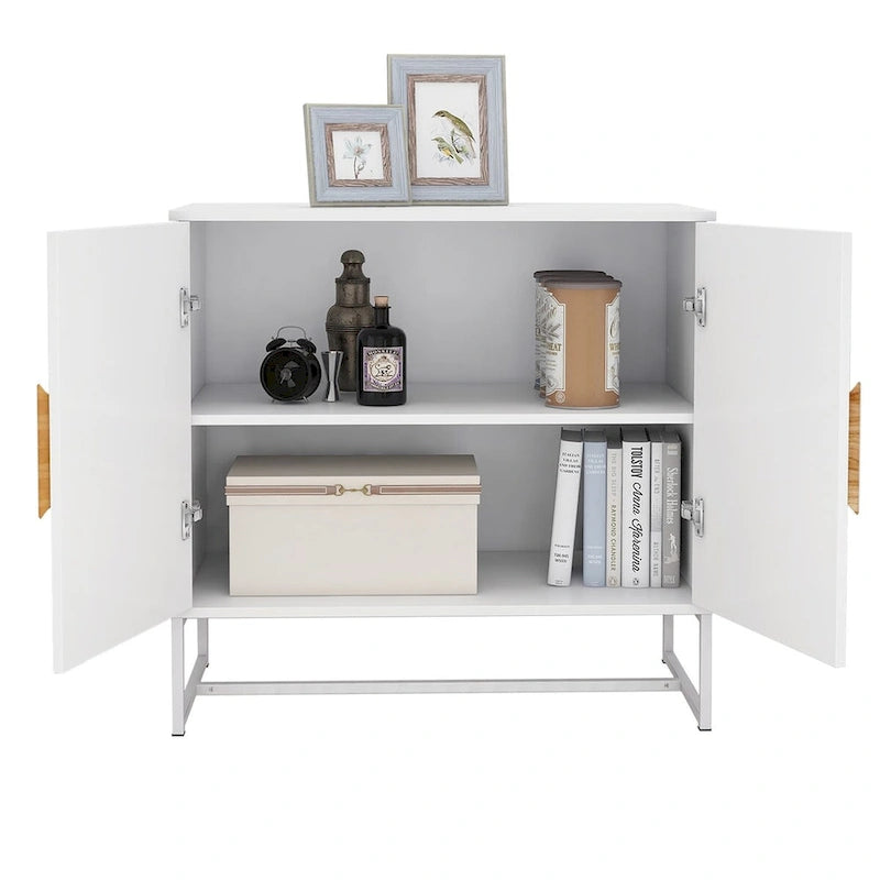 White MDF Sideboard Cabinet 2 Doors Wood Diamond Handle Iron Frame Stand Storage