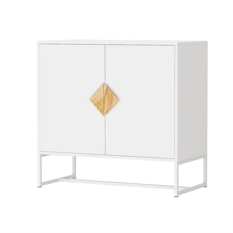 White MDF Sideboard Cabinet 2 Doors Wood Diamond Handle Iron Frame Stand Storage