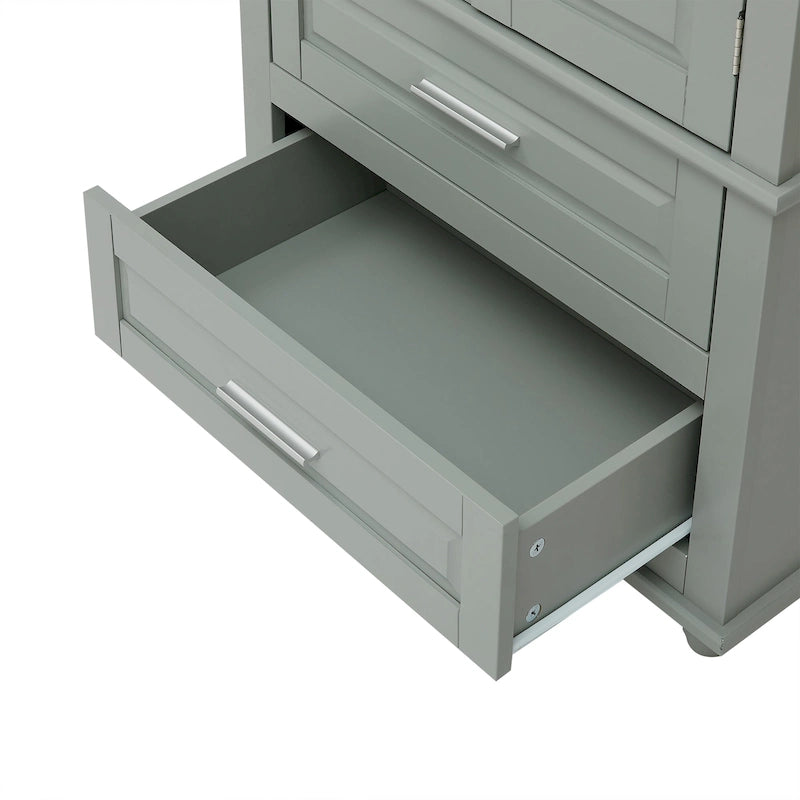 Tall Bathroom Storage Cabinet Single Door 3 Shelf 2 Drawers Ball Feet Crown Molding MDF