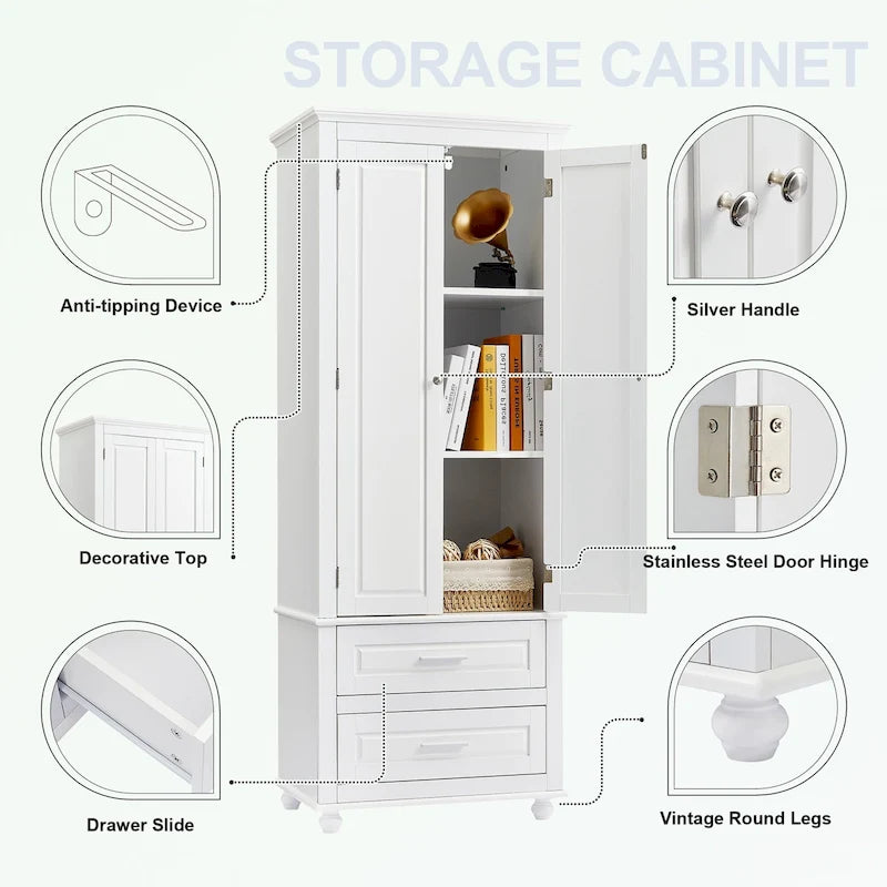 Tall Bathroom Storage Cabinet Single Door 3 Shelf 2 Drawers Ball Feet Crown Molding MDF