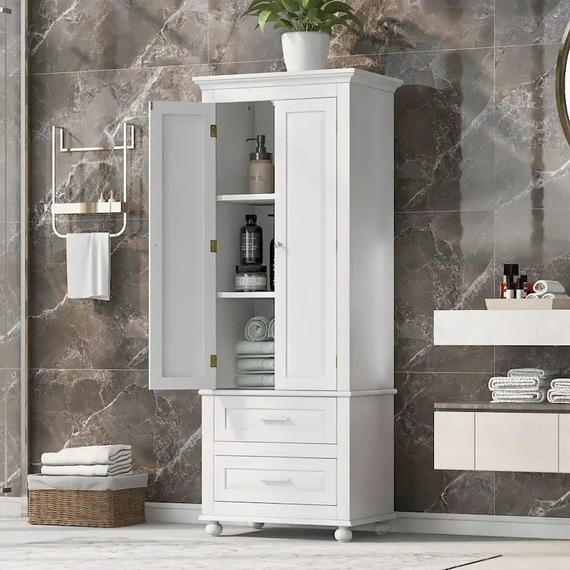 Tall Bathroom Storage Cabinet Single Door 3 Shelf 2 Drawers Ball Feet Crown Molding MDF