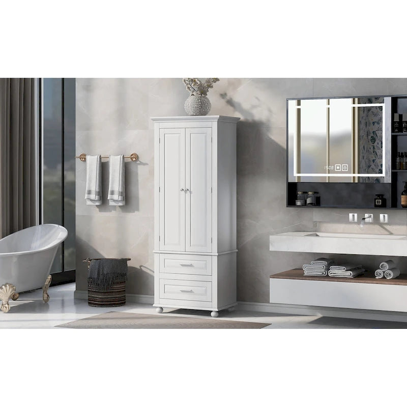 Tall Bathroom Storage Cabinet Single Door 3 Shelf 2 Drawers Ball Feet Crown Molding MDF