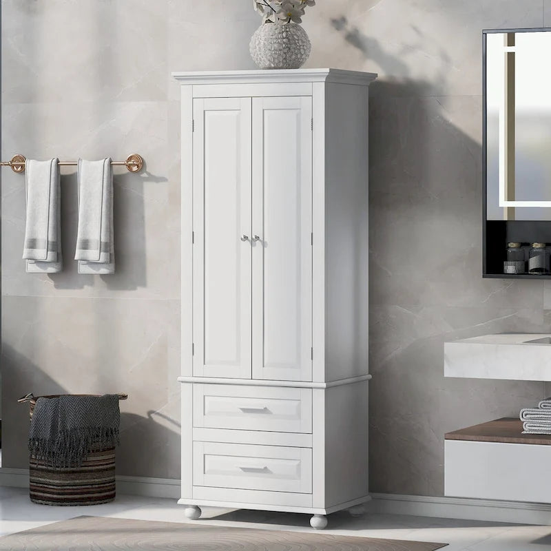 Tall Bathroom Storage Cabinet Single Door 3 Shelf 2 Drawers Ball Feet Crown Molding MDF