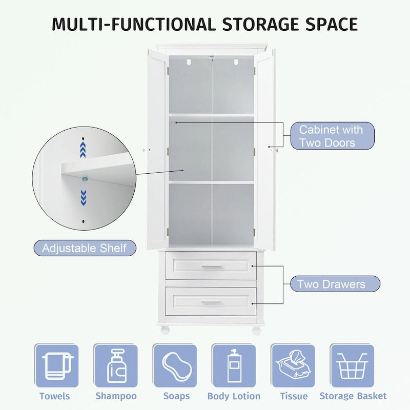 Tall Bathroom Storage Cabinet Single Door 3 Shelf 2 Drawers Ball Feet Crown Molding MDF